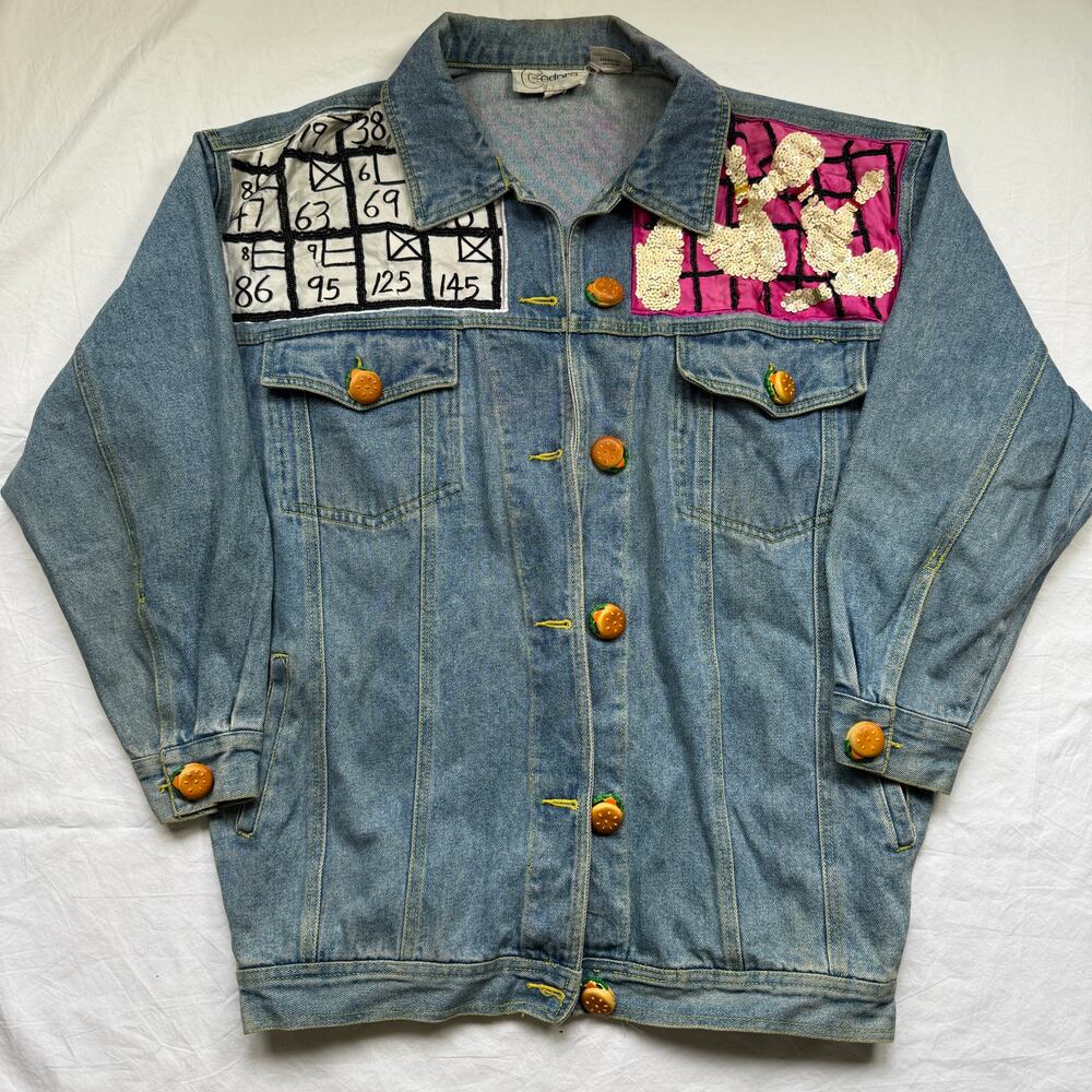 Vintage Cedars Denim sequin beaded bowling alley hamburger jacket size S